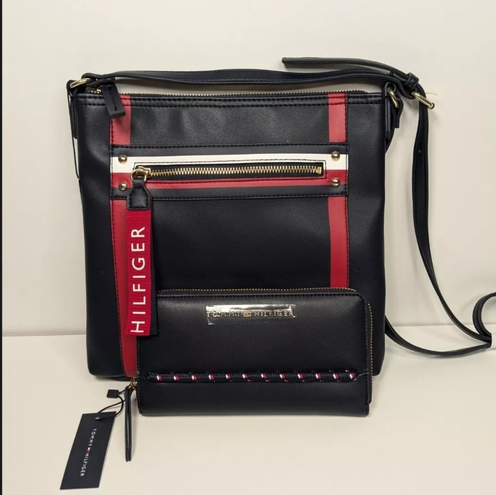 New Tommy Hilfiger Faux Leather Zip Top Crossbody Purse Bag W/ Wallet Lot Of 2